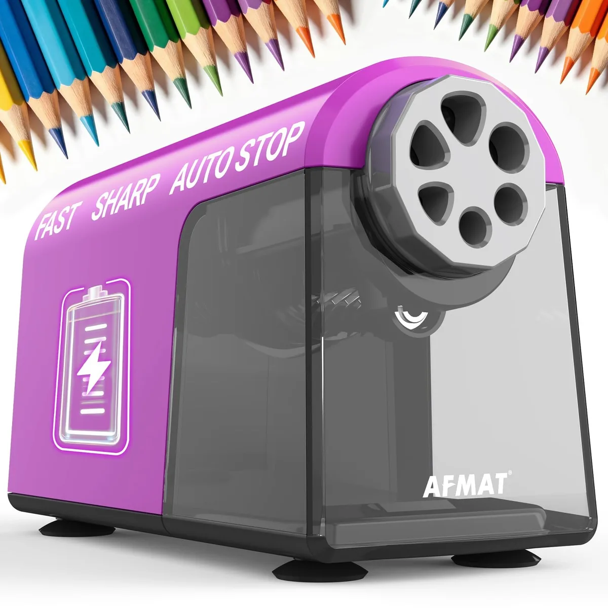  AFMAT PSD2PR Electric Pencil Sharpener Purple 6-Hole 10K+ Uses — product photo