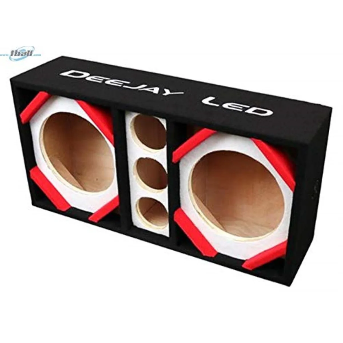 White carpeted speaker enclosure with two 10-inch woofer cutouts and three tweeter holes