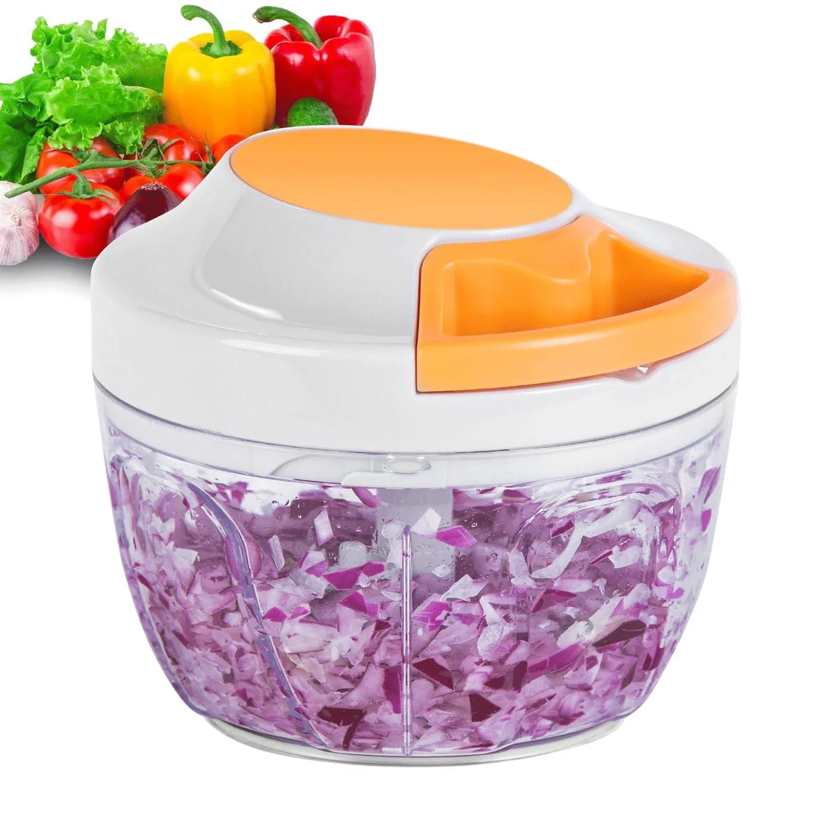 White 500ml manual food processor with pull cord and three stainless steel blades