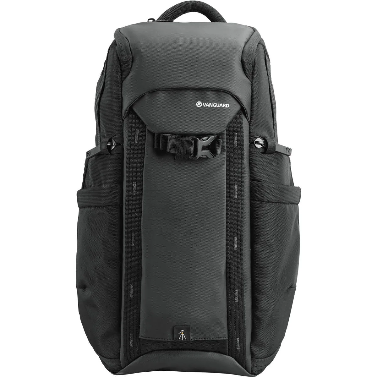 Black 16L camera backpack with front tripod carry, rear and top access, USB-A port, reflective stitching, rain cover, 13 laptop sleeve