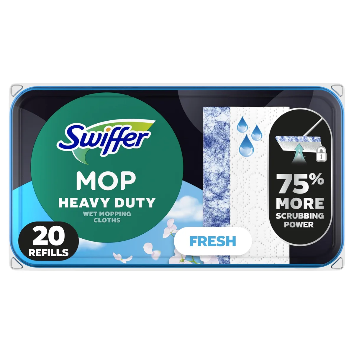 Rectangular cardboard box containing 20 pre-moistened cloth refills