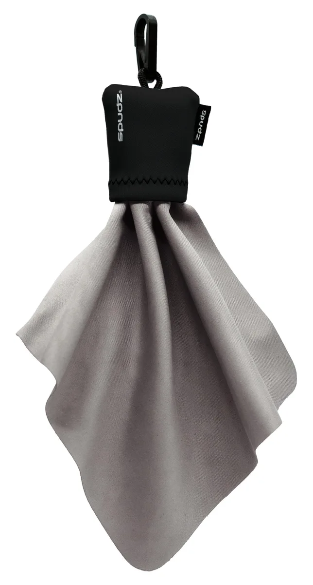 Black microfiber lens cloth in clip-on neoprene pouch, 6x6 inch