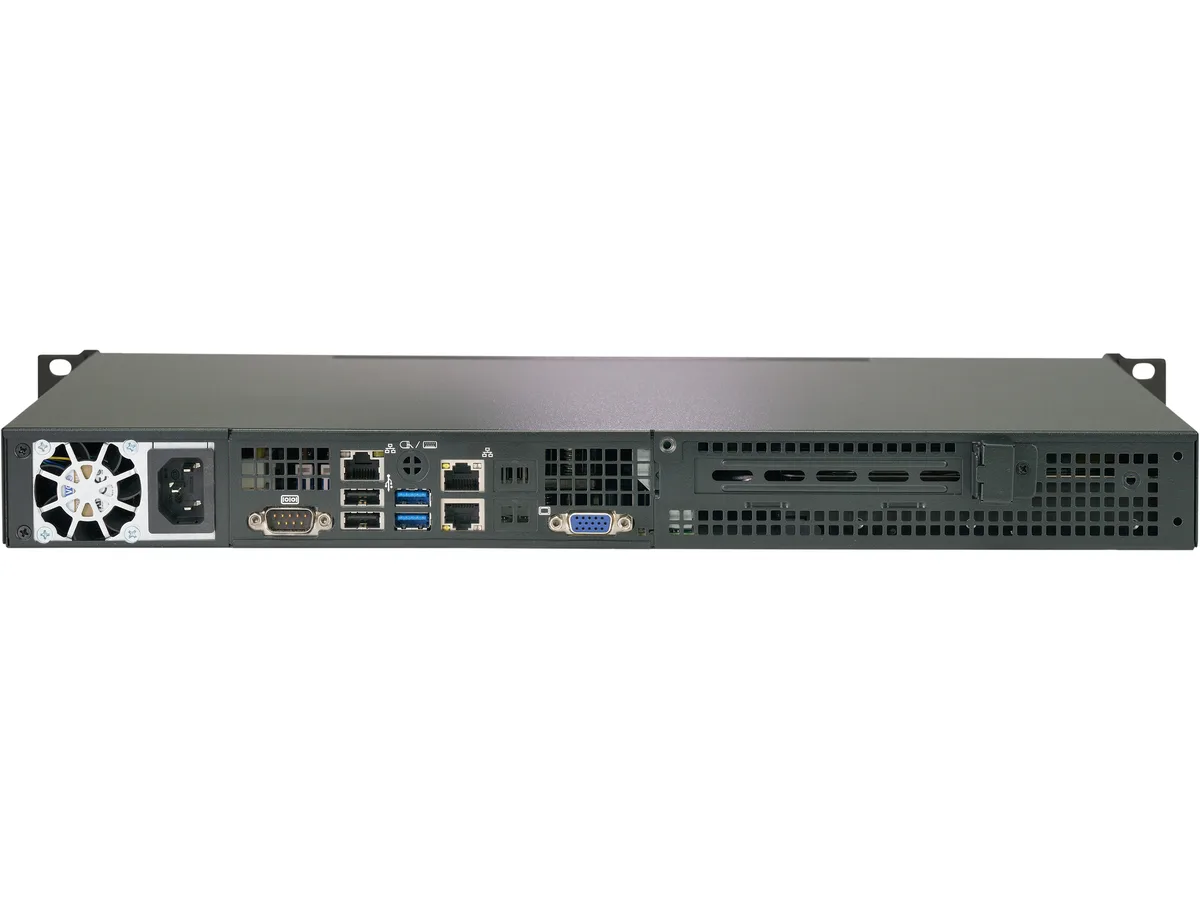 Silver 1U rackmount server chassis, front panel with drive bays and ports