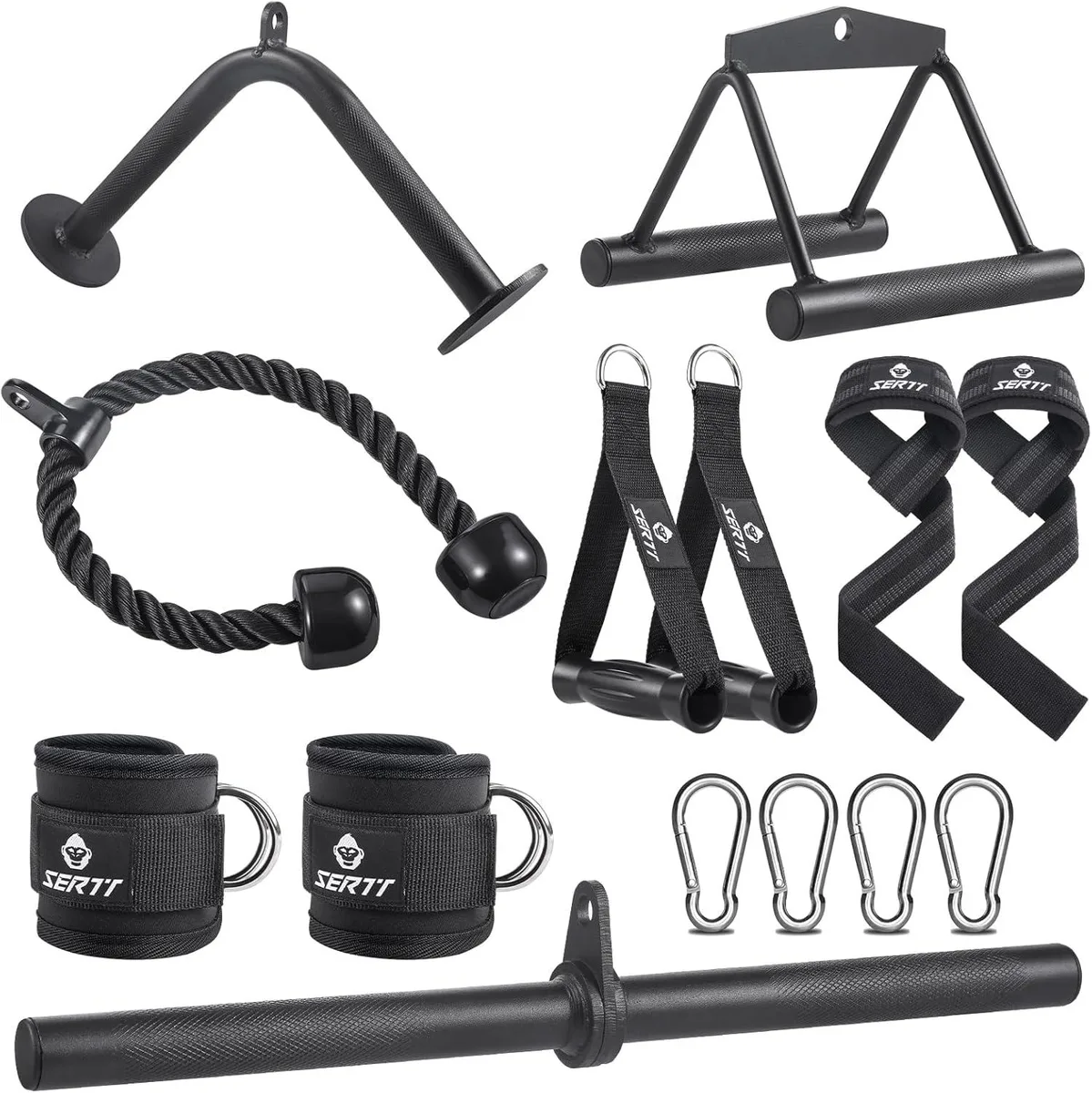 Set of chrome steel cable attachments including V-bar, straight bar, tricep rope and D-handle