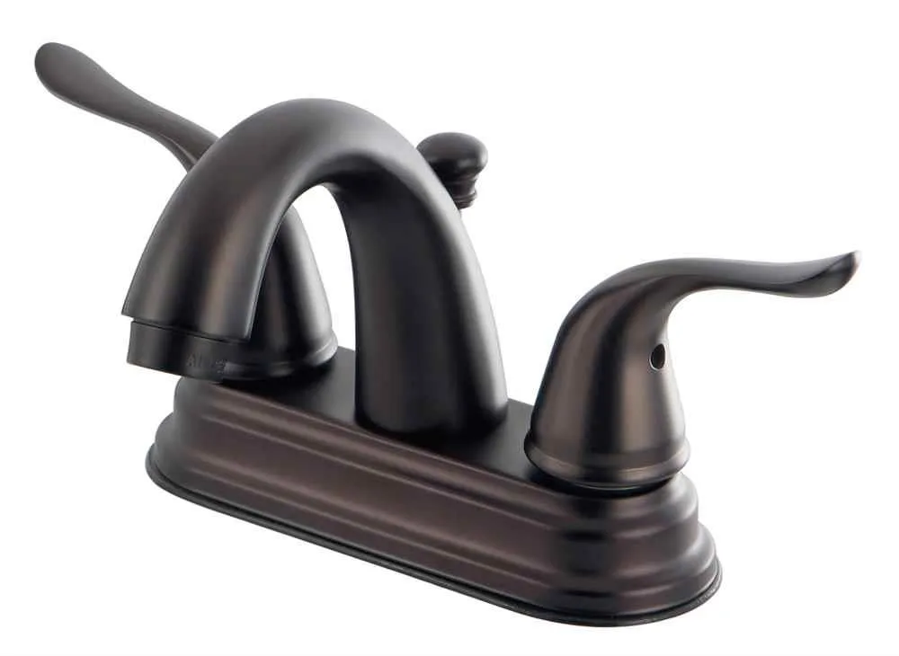 Centerset two-handle lavatory faucet with oil-rubbed bronze finish and matching pop-up drain