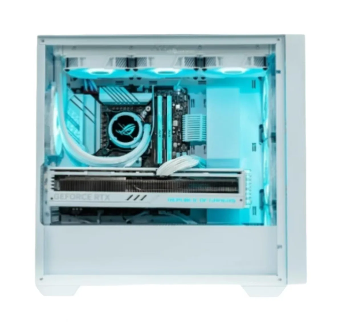 White mid-tower case with tempered glass side panel and black accents