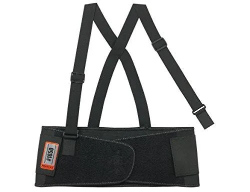 Black elastic back support with adjustable suspenders and single-strap closure