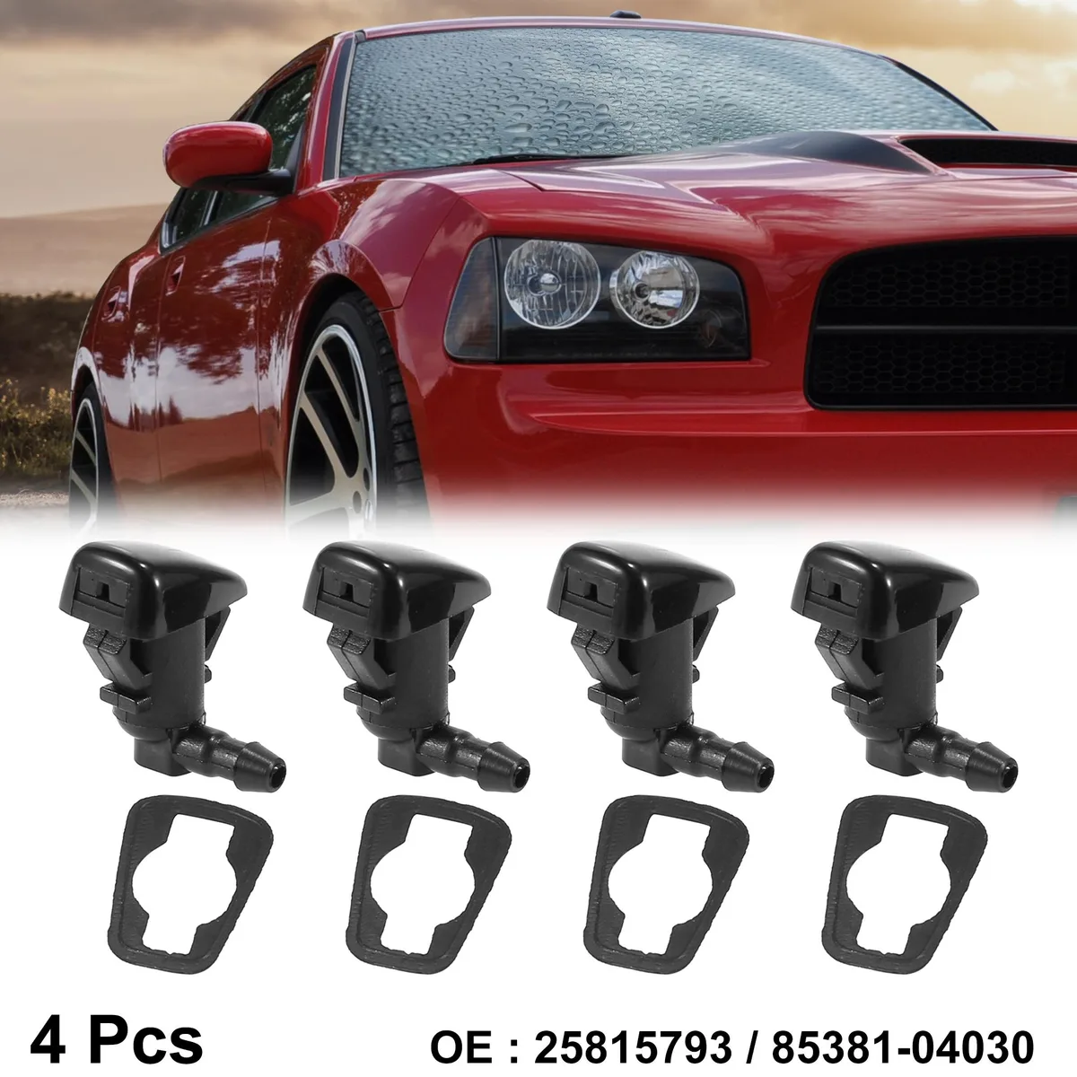 Four black plastic windshield washer nozzles with rubber gaskets