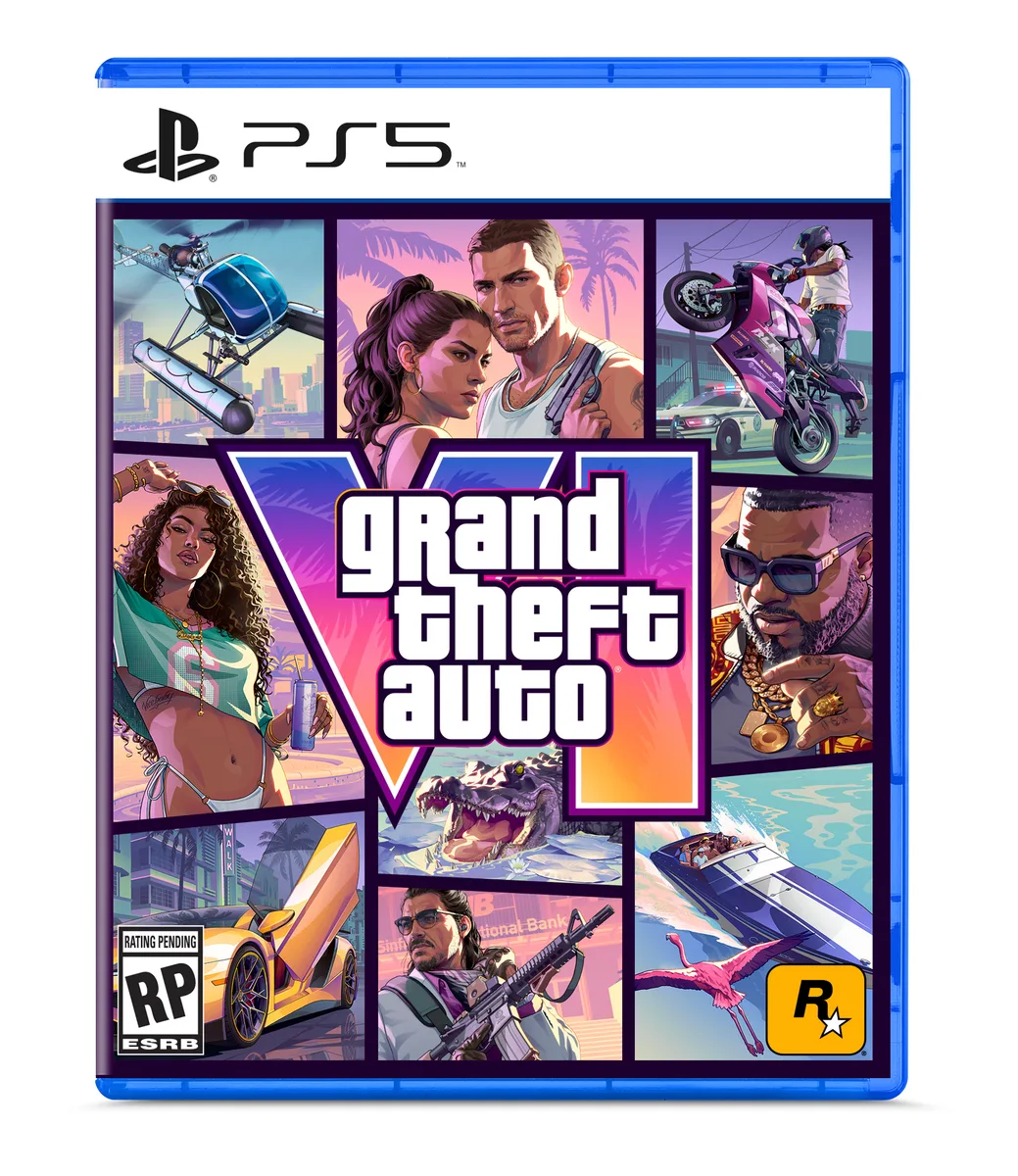 White PlayStation 5 game box showing Grand Theft Auto VI artwork with download code notice