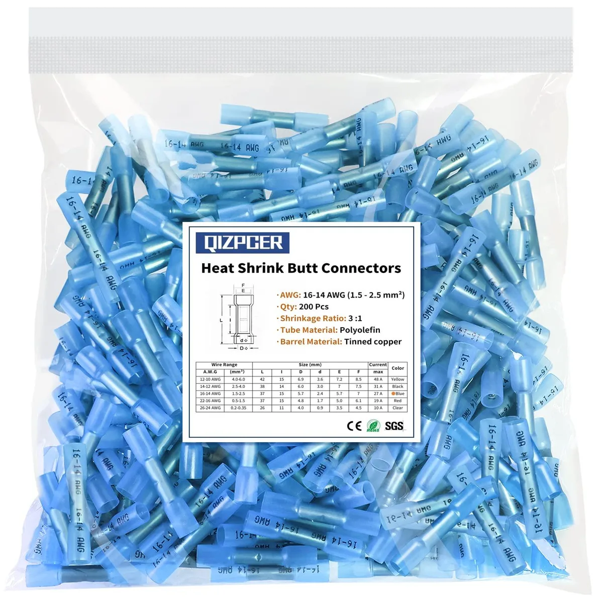  Qizpcer 200 Pcs 16-14 AWG Blue Heat Shrink Butt Connectors — product photo