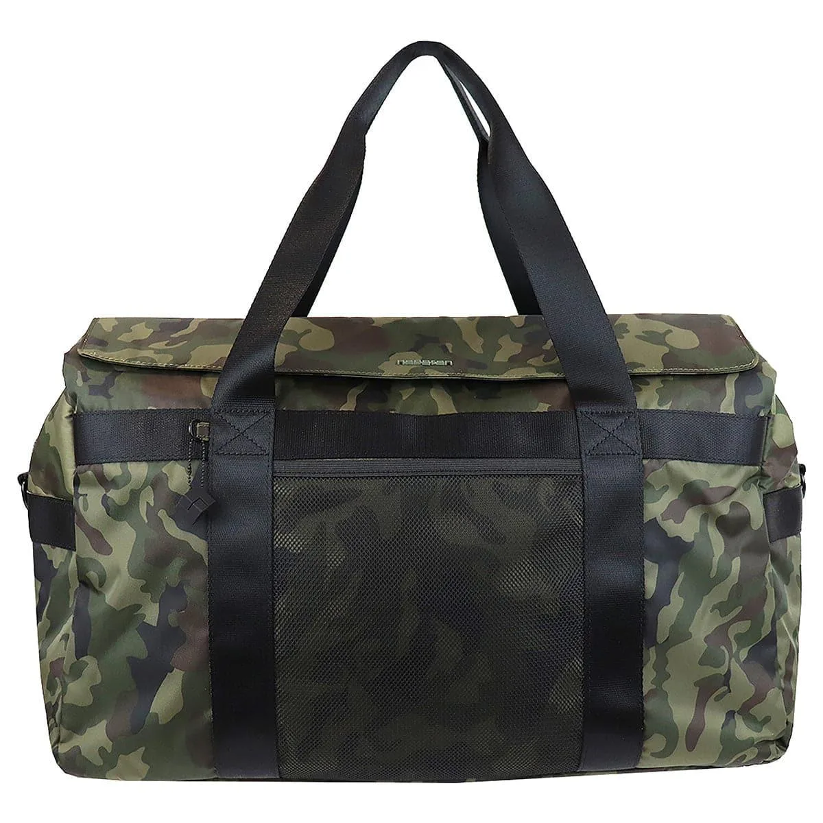 Olive camouflage duffel bag with three compartments and luggage attachment pocket