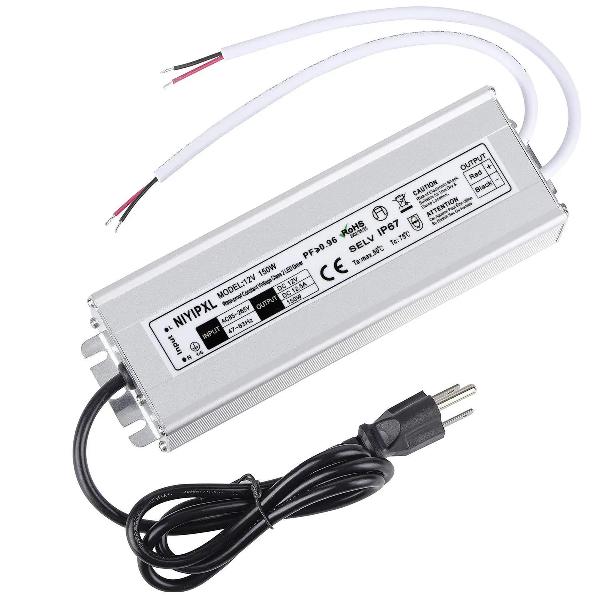 Silver rectangular IP67 LED driver with 3-prong plug and cable
