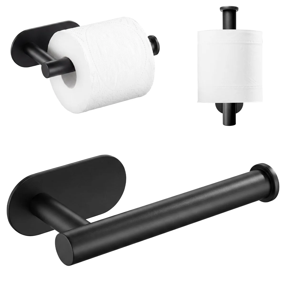 Matte black wall-mounted toilet paper holder with adhesive backing