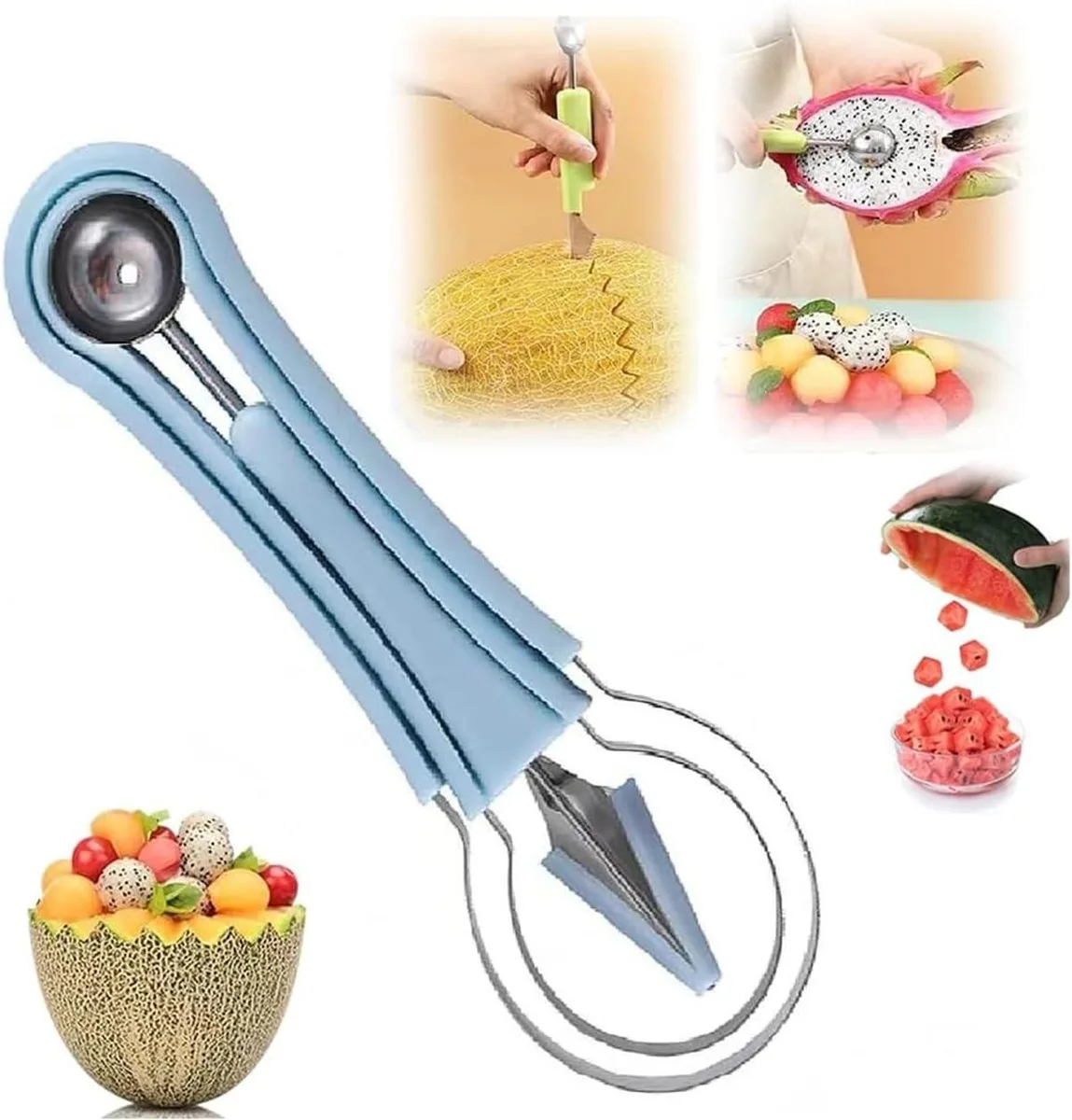 Blue stainless steel fruit carving set with four interchangeable tools including melon baller, V-shaped carver, peeler and deseeder