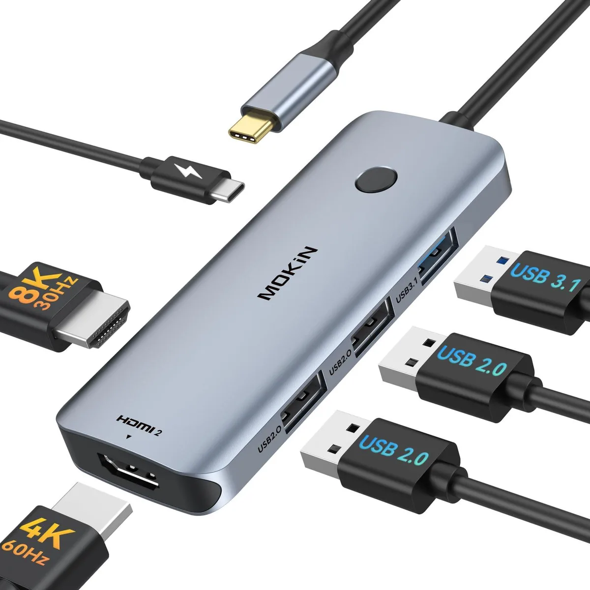 White rectangular USB-C hub with two HDMI ports, three USB ports and a charging port on an aluminium finish