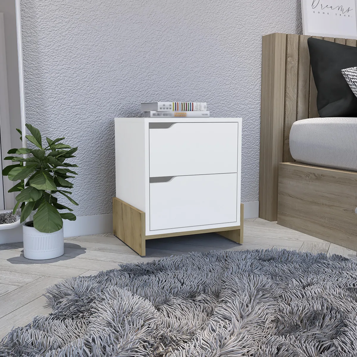 White and macadamia two-drawer nightstand with sturdy base, particle board construction