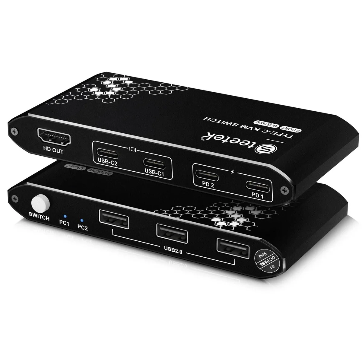 FOCUSTEC FOCUSTEC USB-C KVM Switch 2 PCs 1 Monitor 4K@60Hz 3 USB 2.0 PD 3.0 100W 2 Type-C Cables — product photo