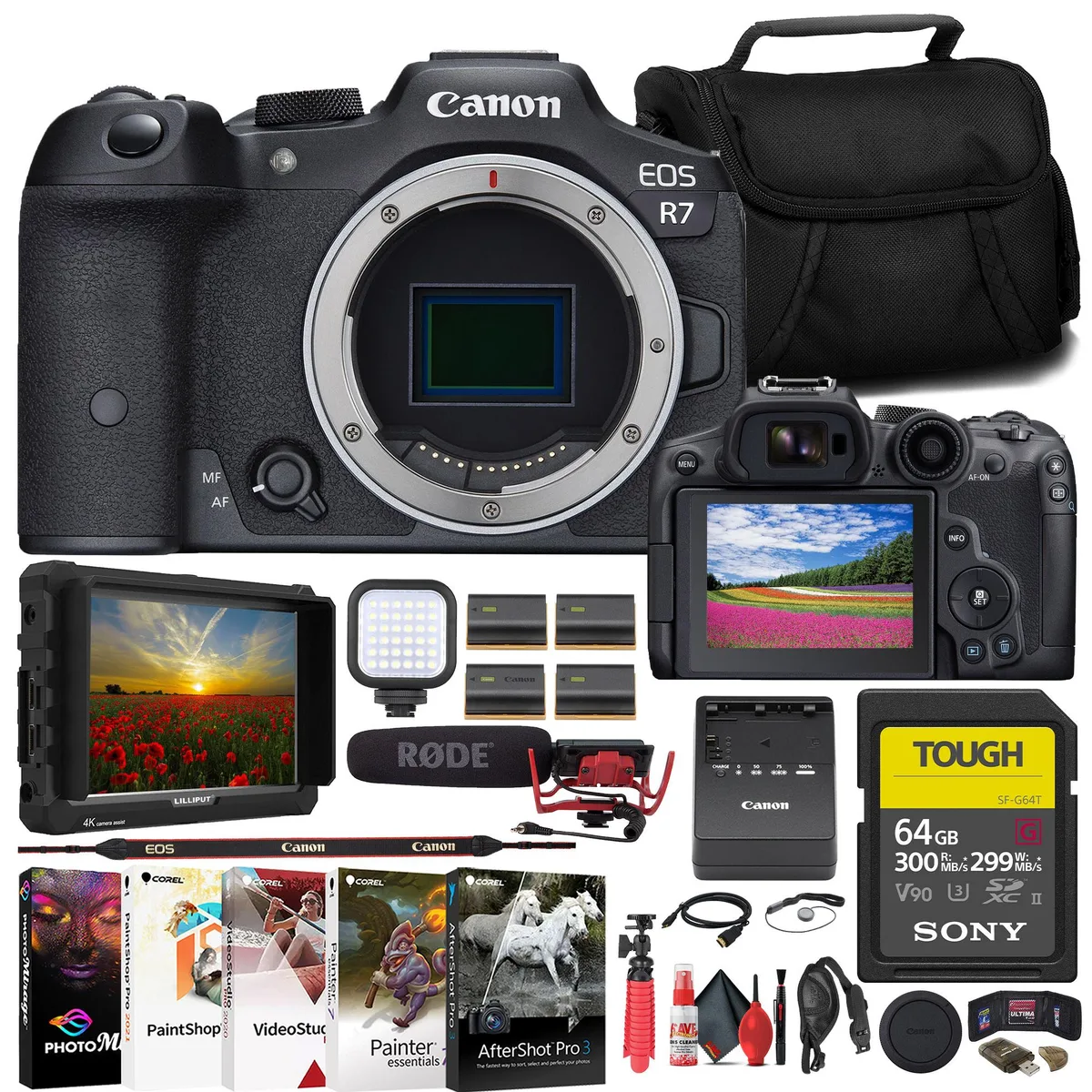 Canon Canon EOS R7 32.5MP Camera Kit with 7" Monitor, Mic, 64GB Card &amp; Accessories — product photo