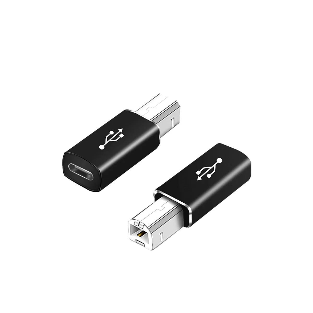 Two compact black USB-C adapters, one with MIDI ports, one with USB-B