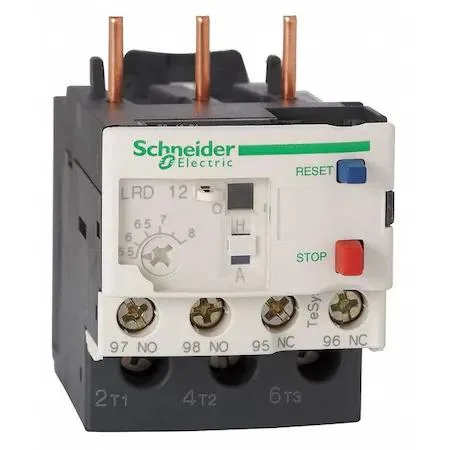 Compact grey thermal overload relay with screw-clamp terminals and direct contactor mounting