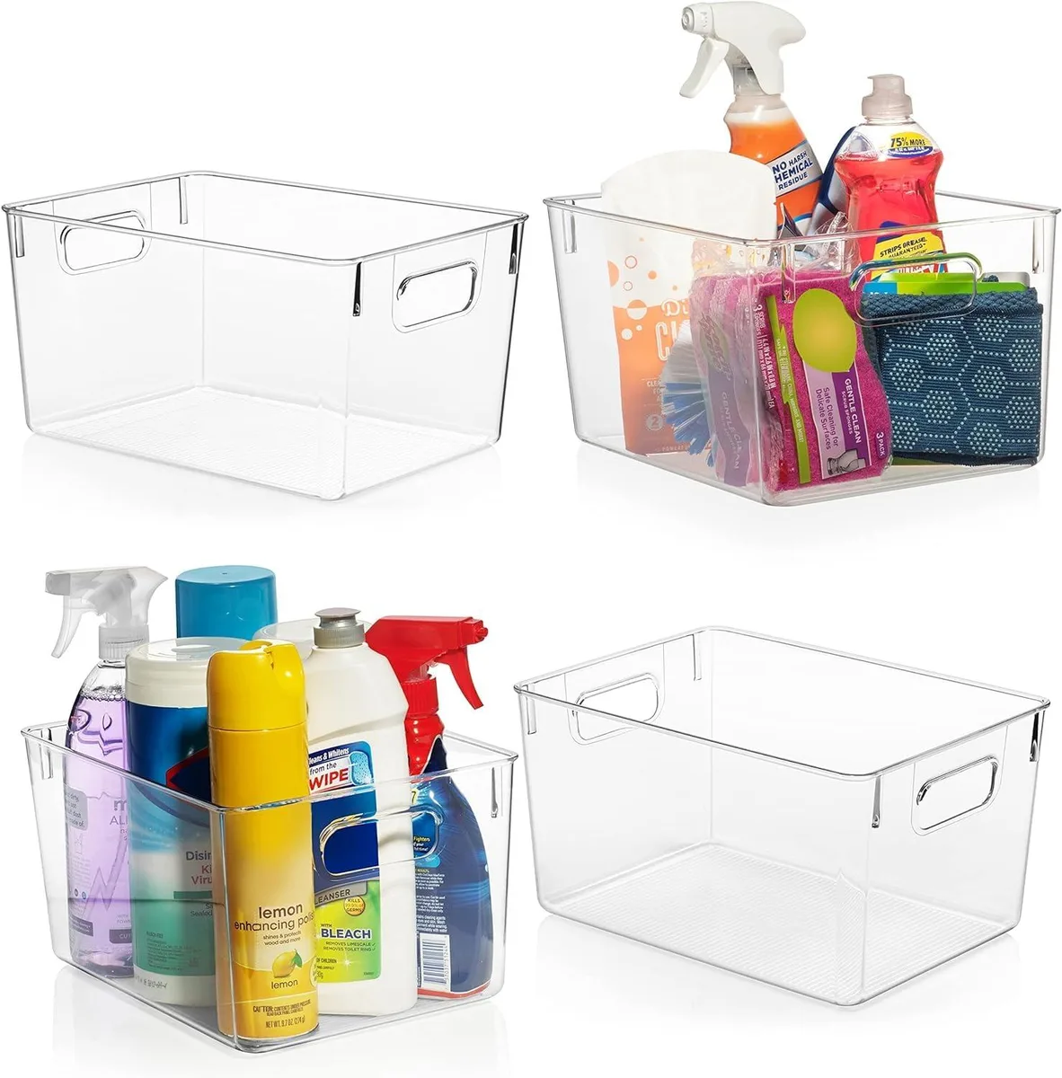 Clear plastic rectangular storage bin with side handles