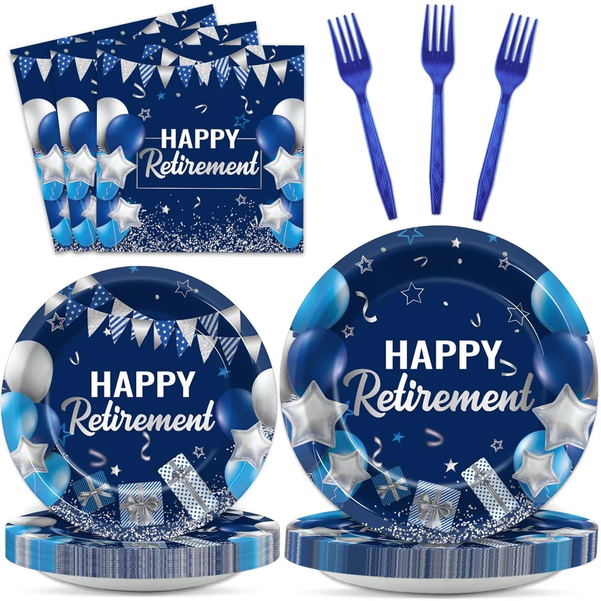 Blue and silver retirement party tableware set with plates napkins and forks for 24 guests