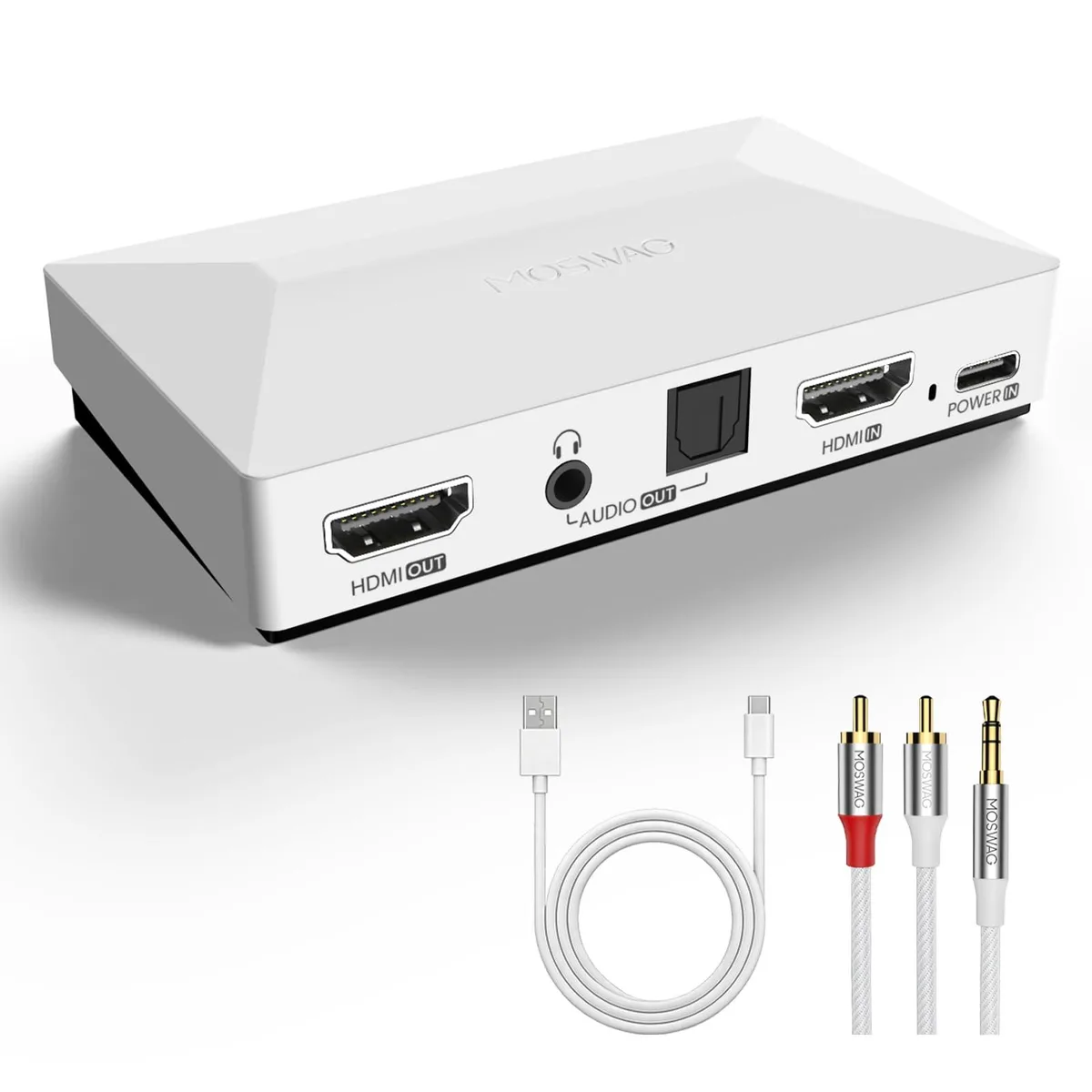 Small white rectangular box with HDMI and audio ports