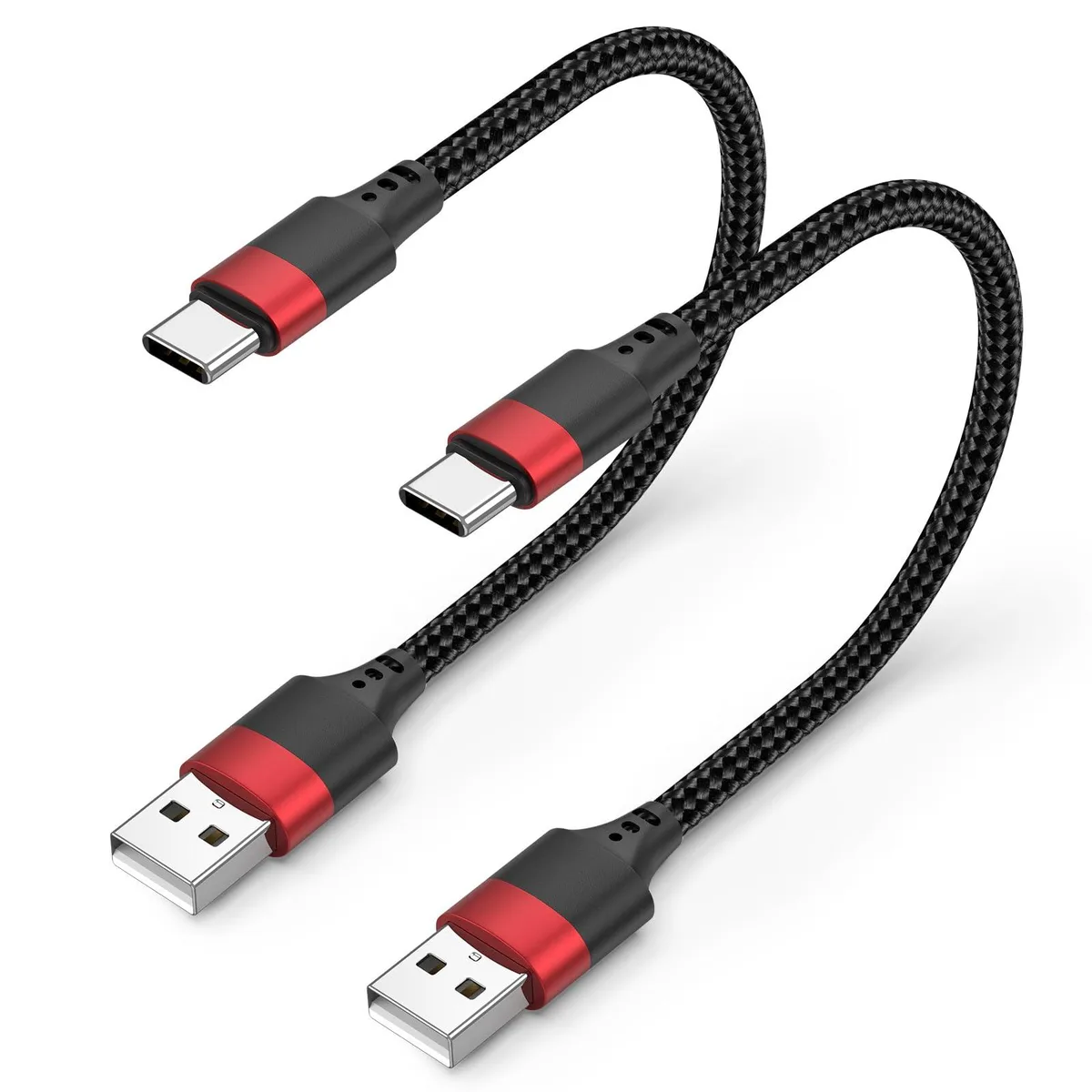 Two short black braided USB-A to USB-C cables, 0.5ft each