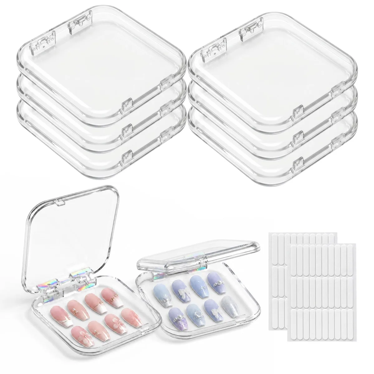 Six clear acrylic nail boxes with adhesive tapes