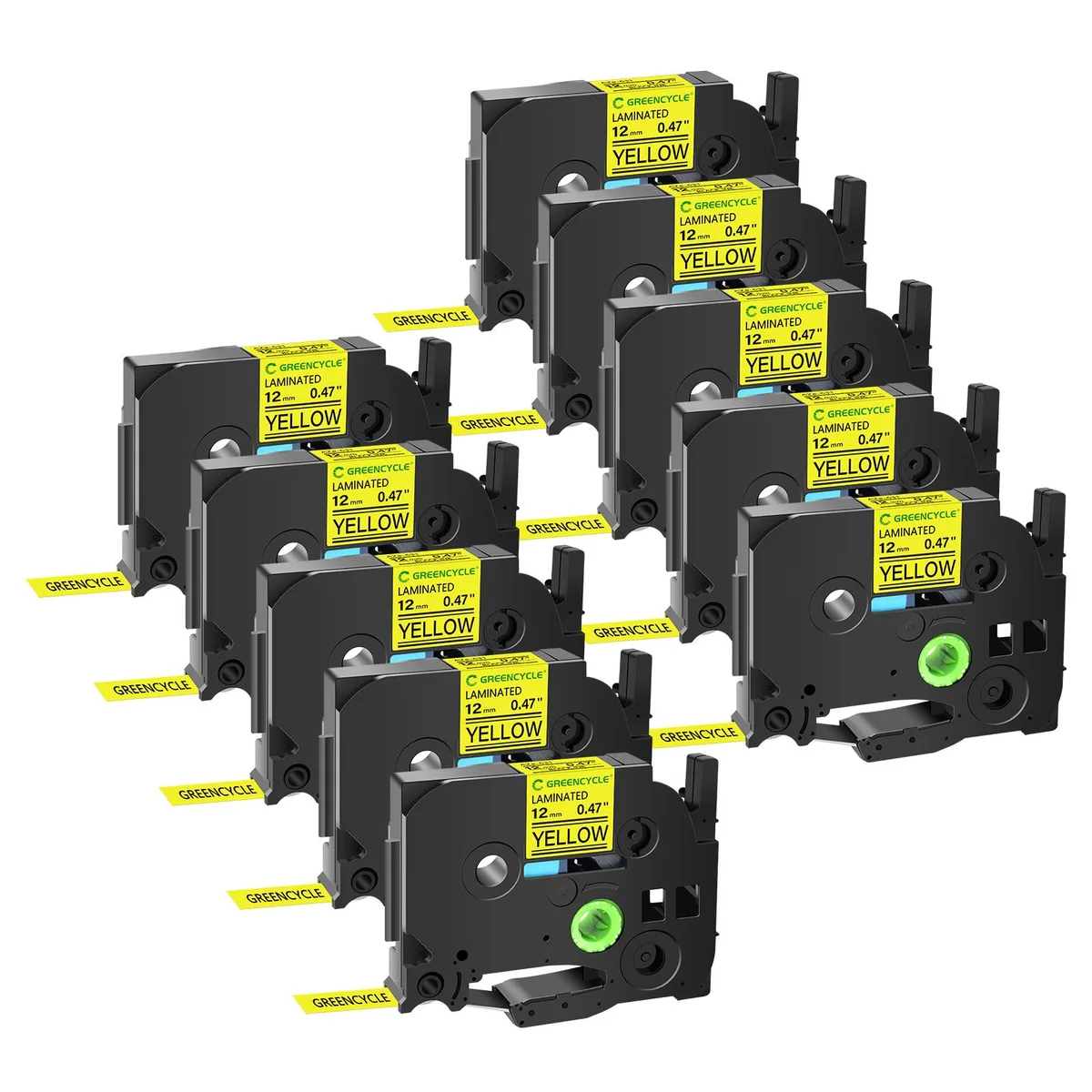 GREENCYCLE GREENCYCLE TZe-631 12mm Black on Yellow Laminated Tape 10 Pack labelmaker — product photo