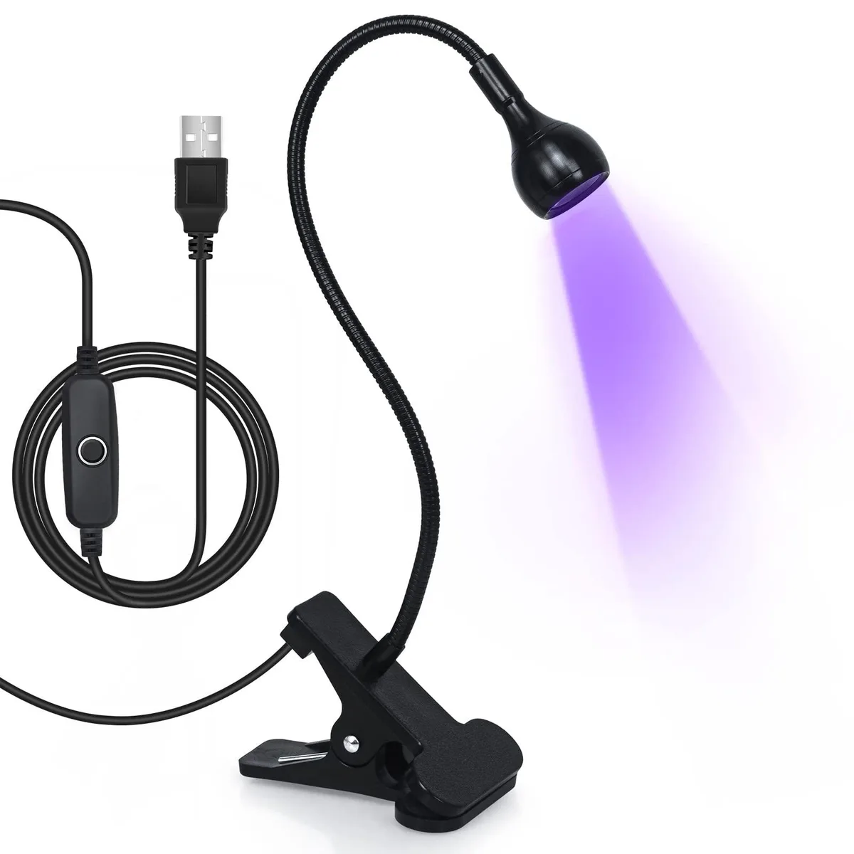 Small black UV LED nail lamp with flexible gooseneck and clip base