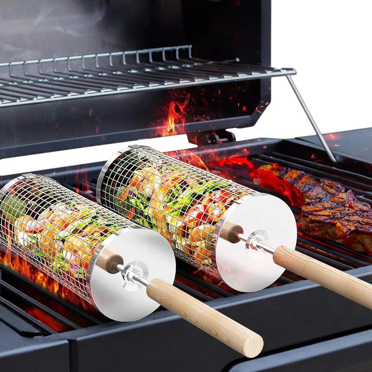  Rolling Grill Basket 2 PCS 304 Stainless Steel Removable Wooden Handle Nesting Design — product photo