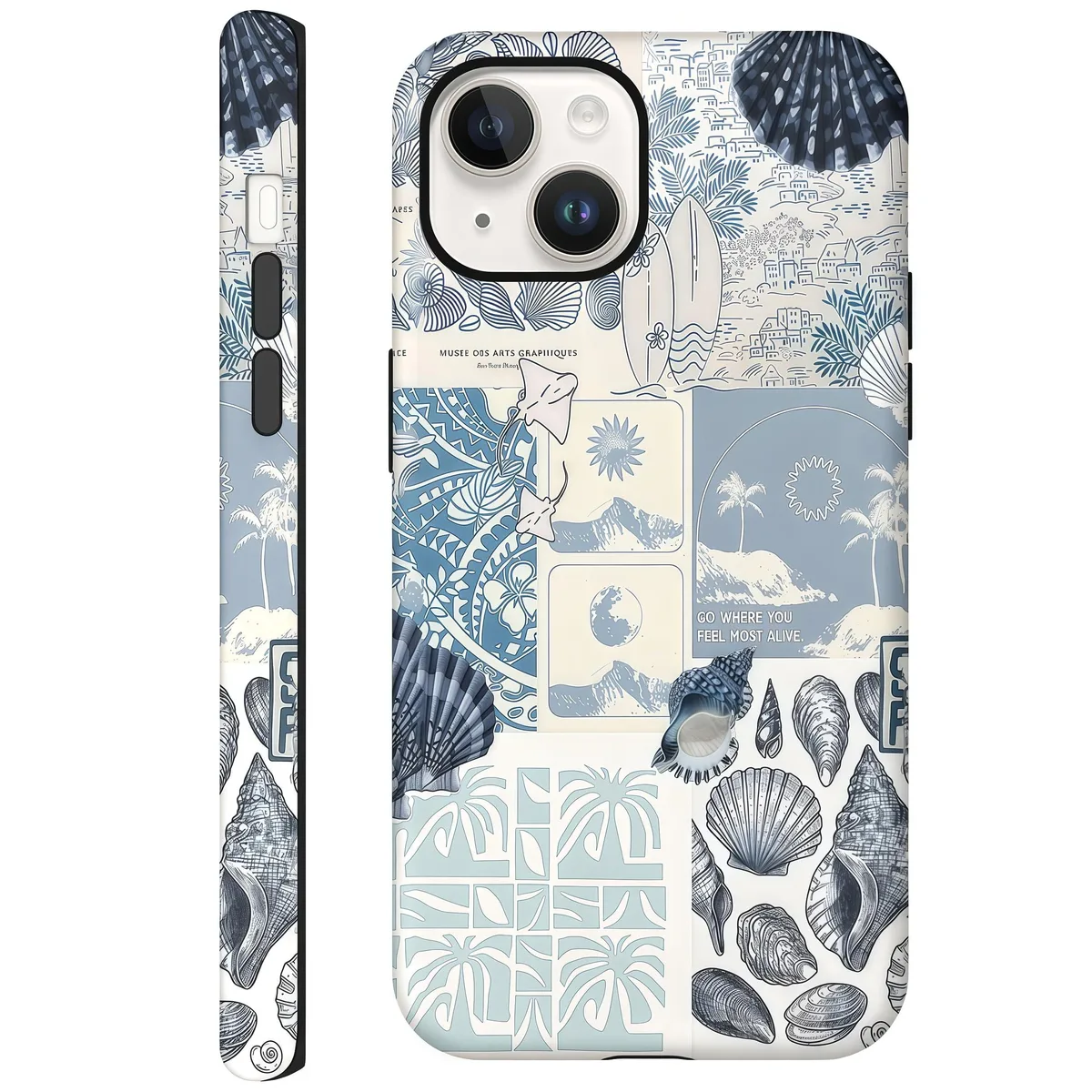 Blue sea-shell collage on hybrid two-layer iPhone 13 case