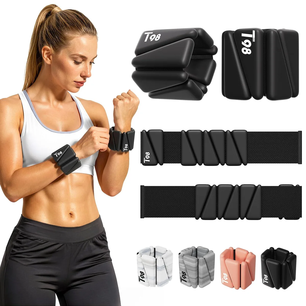 Pair of black silicone wrist and ankle weights with adjustable Velcro straps and metal inserts