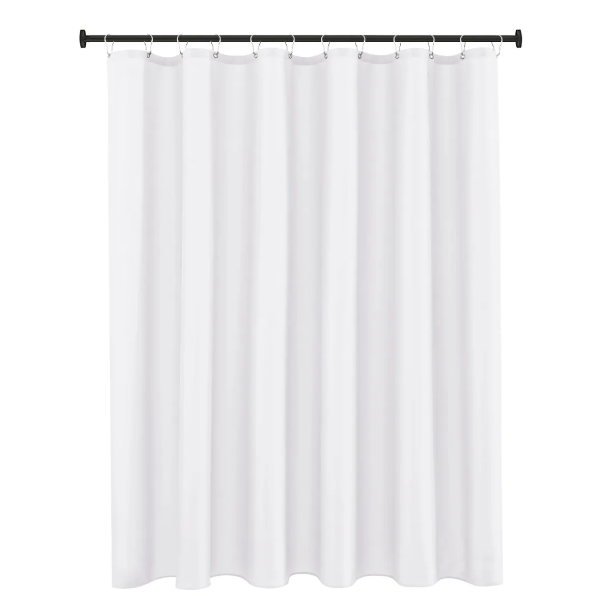 White fabric shower curtain liner 72 by 72 inches with 12 metal grommets and weighted hem