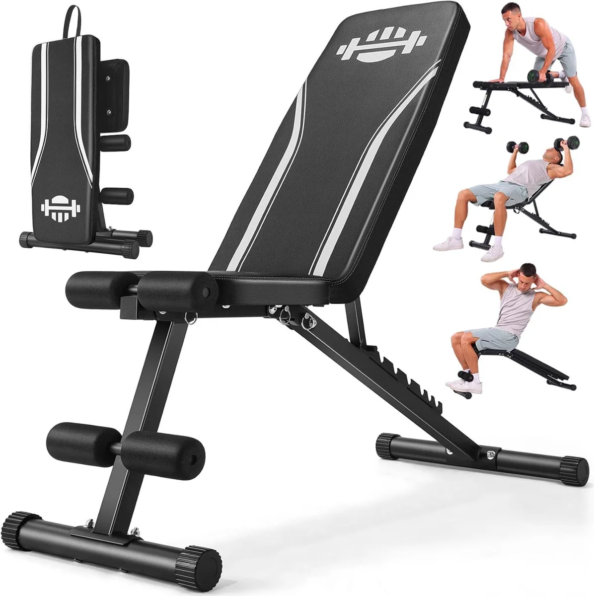 Black steel adjustable weight bench with wide base and padded supports