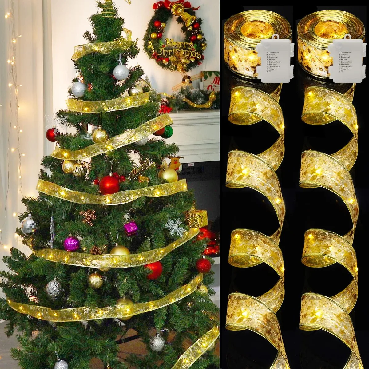 OmaiLighting OmaiLighting Christmas Ribbon Lights 32.8ft 100 LED Battery Powered Gold Copper Wire — product photo