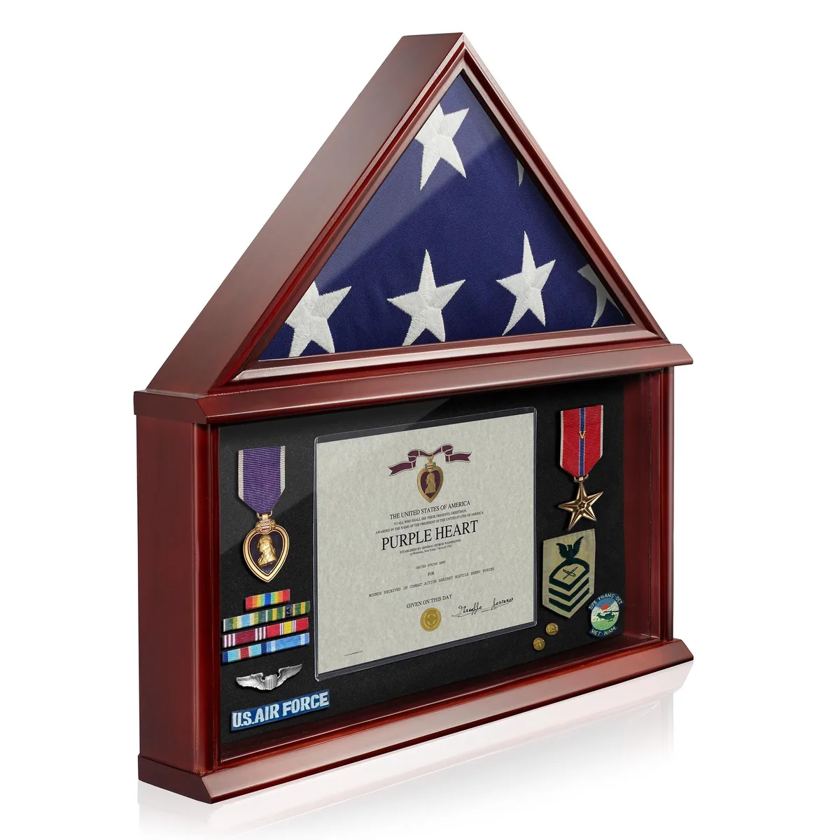 Reminded Reminded Large Military Shadow Box Memorial Flag Display Case Mahogany Finish 25 — product photo