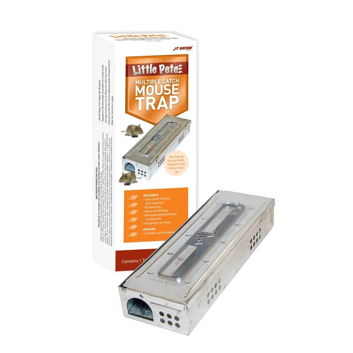 Low-profile clear-lidded mouse trap, extra narrow design