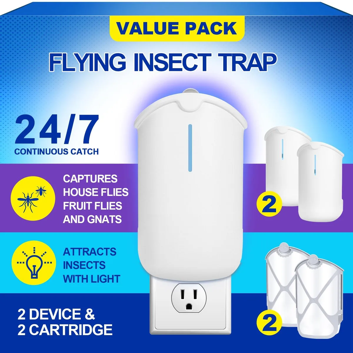 Two white plug-in insect traps with blue UV lights and two adhesive refill cartridges