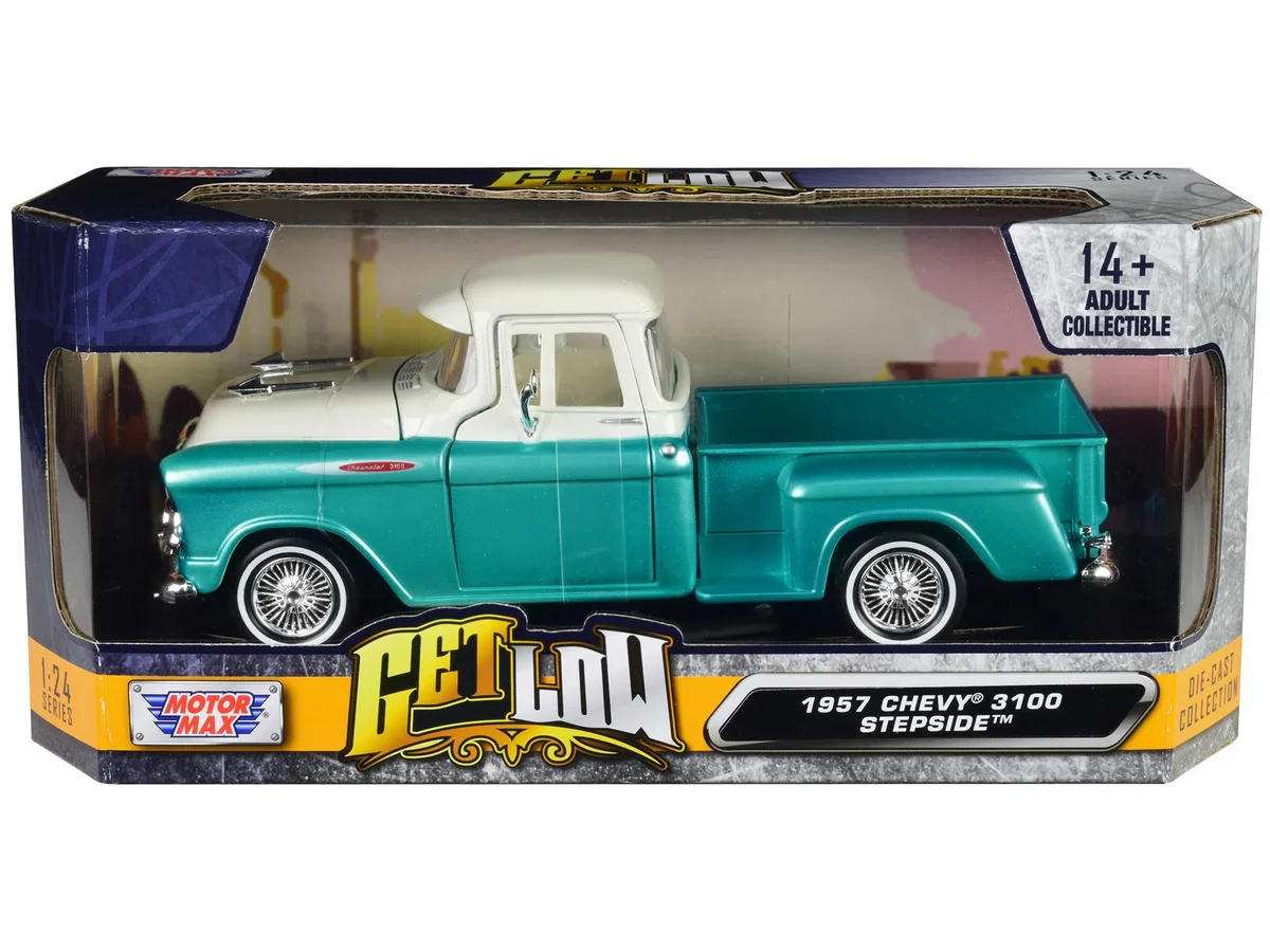 MOTORMAX MOTORMAX 1957 Chevrolet 3100 Stepside Lowrider 1/24 Diecast Truck Turquoise Metallic White — product photo