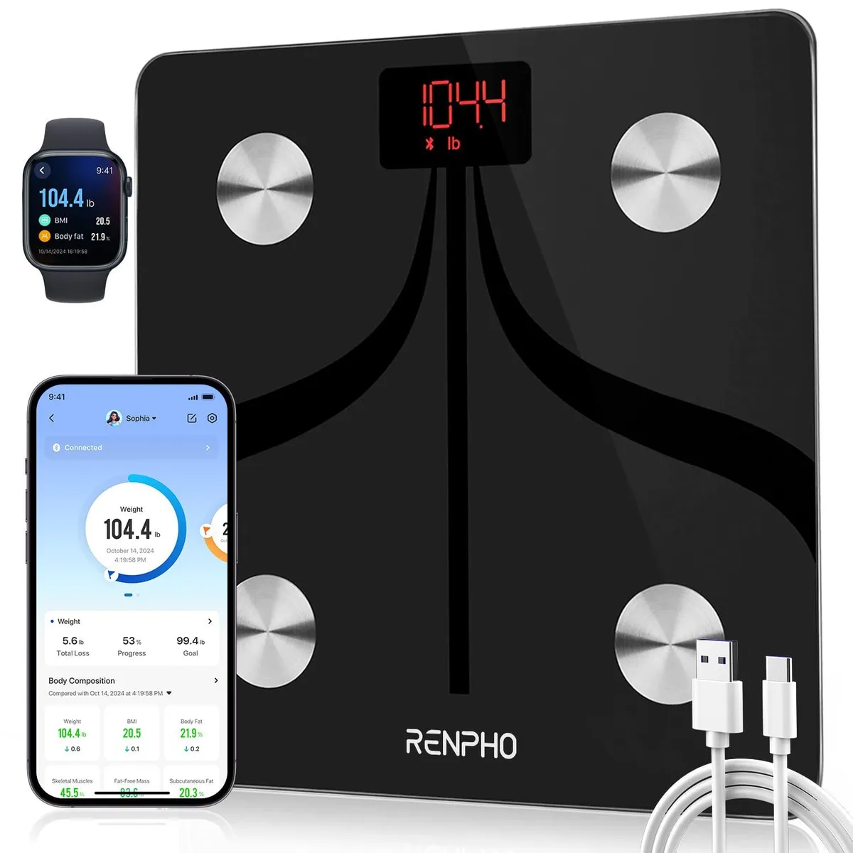 Black square smart scale with tempered glass surface and LED display