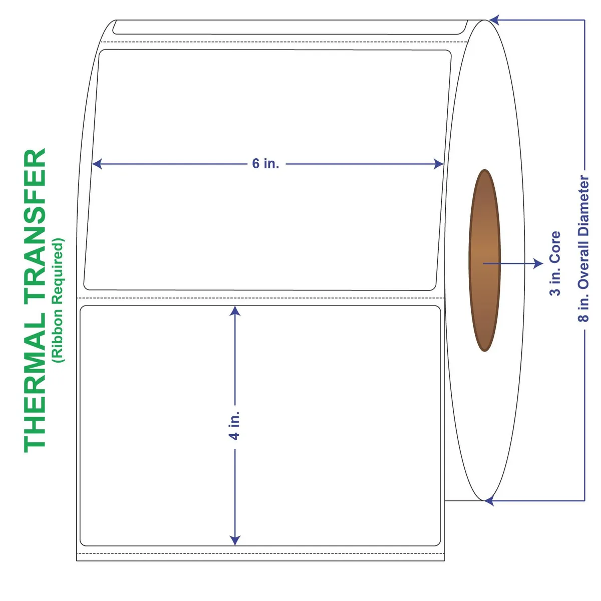 White rectangular thermal transfer label rolls on cardboard cores, perforated edges, packed four per carton