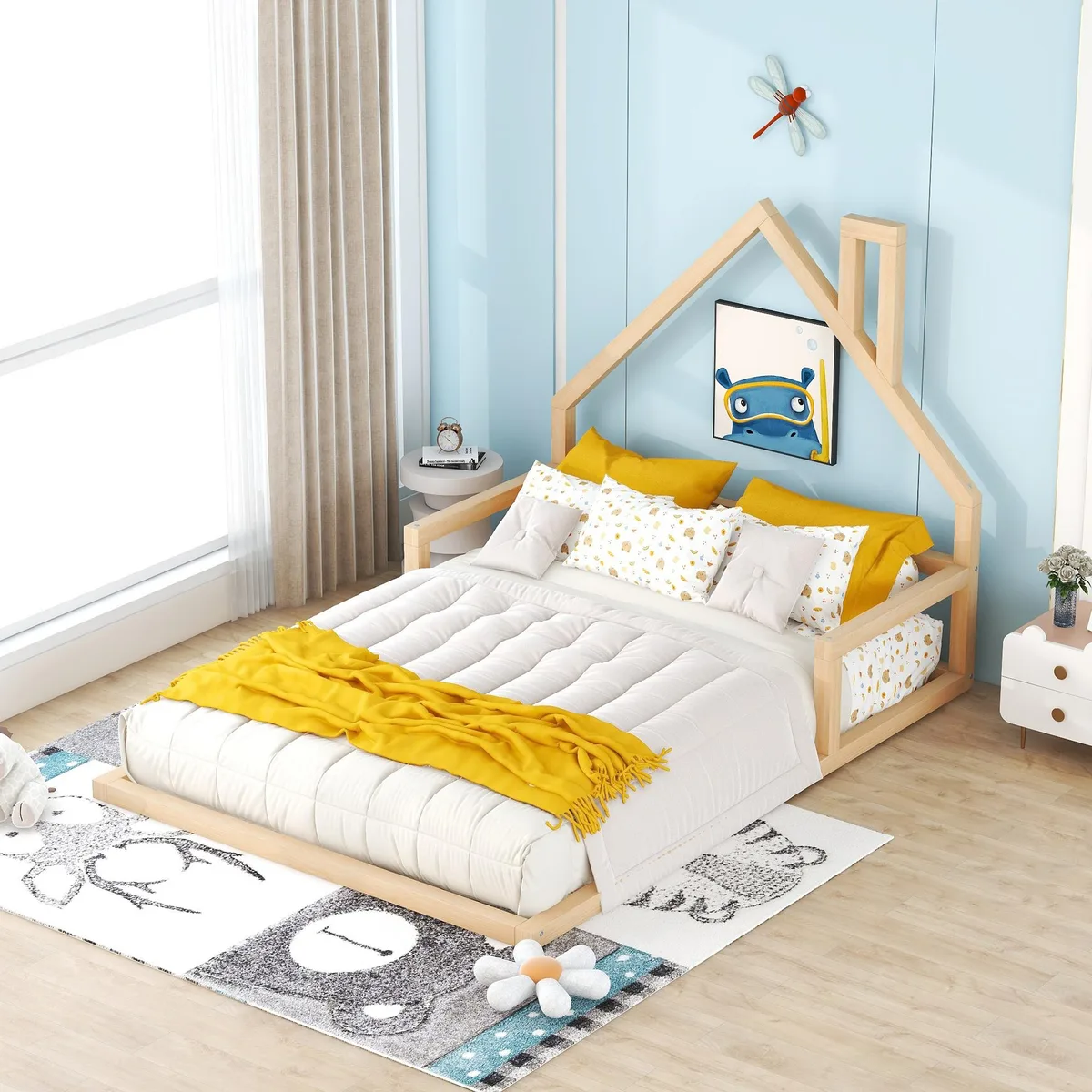 tuphen tuphen Full Size Wood Floor Bed House Headboard Natural — product photo