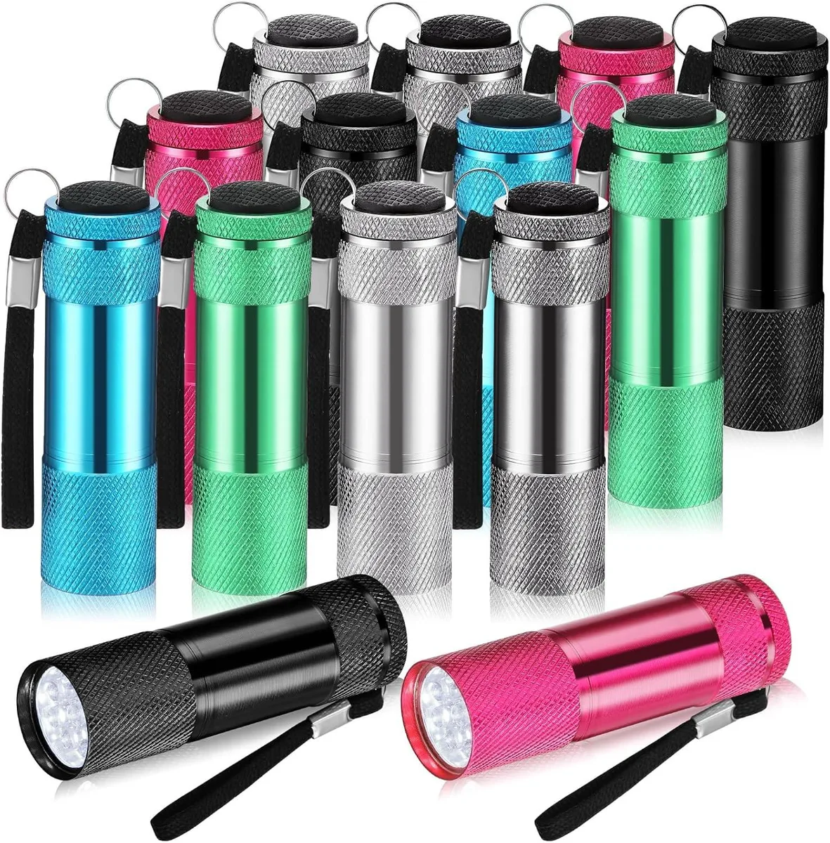 Twelve small aluminium flashlights in assorted colours with lanyards