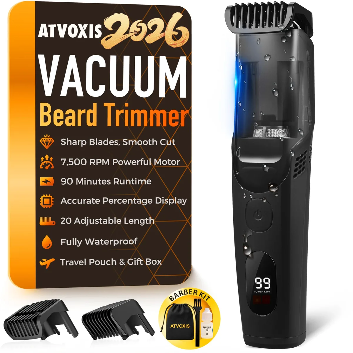 Black cordless beard trimmer with built-in vacuum chamber and adjustable combs