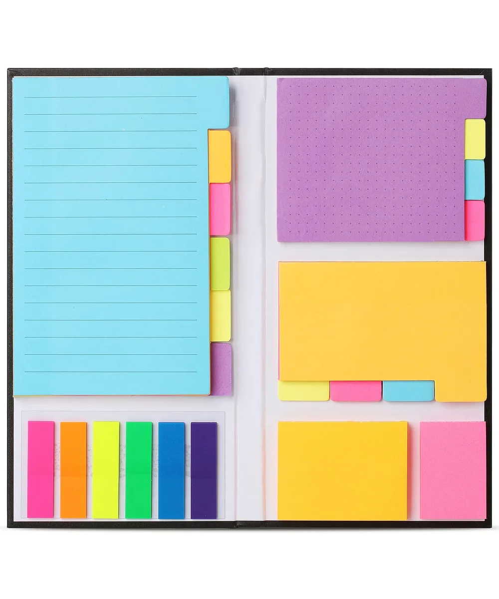 Neon sticky note set in notebook cover with index tabs