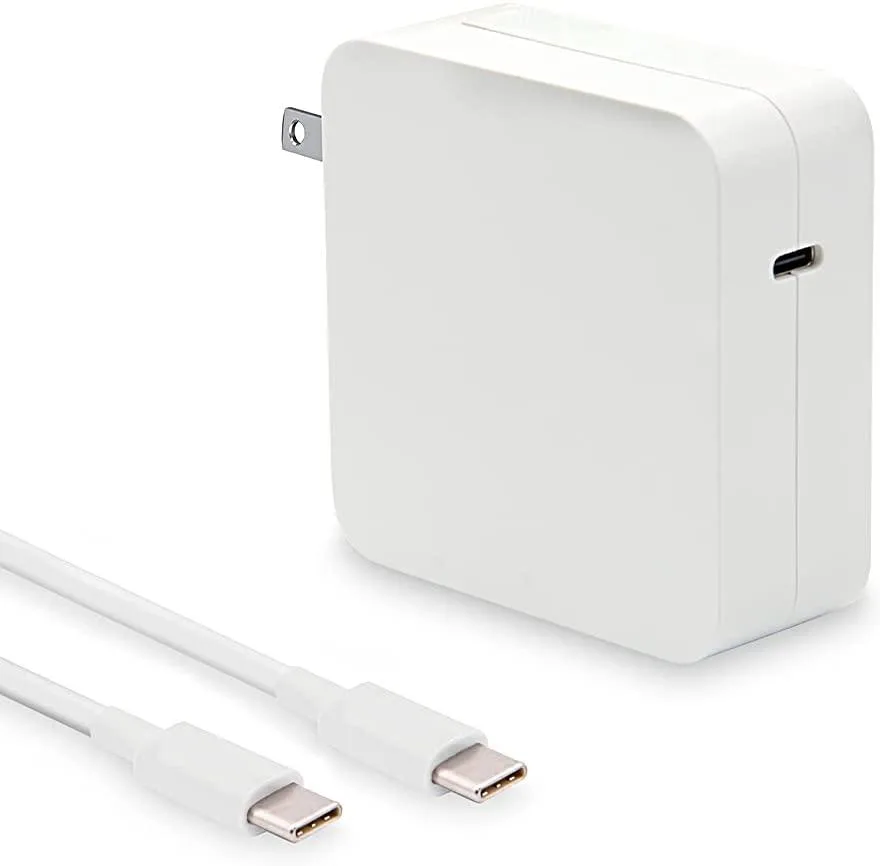 Compact white USB-C power brick with US two-prong plug and detachable cable