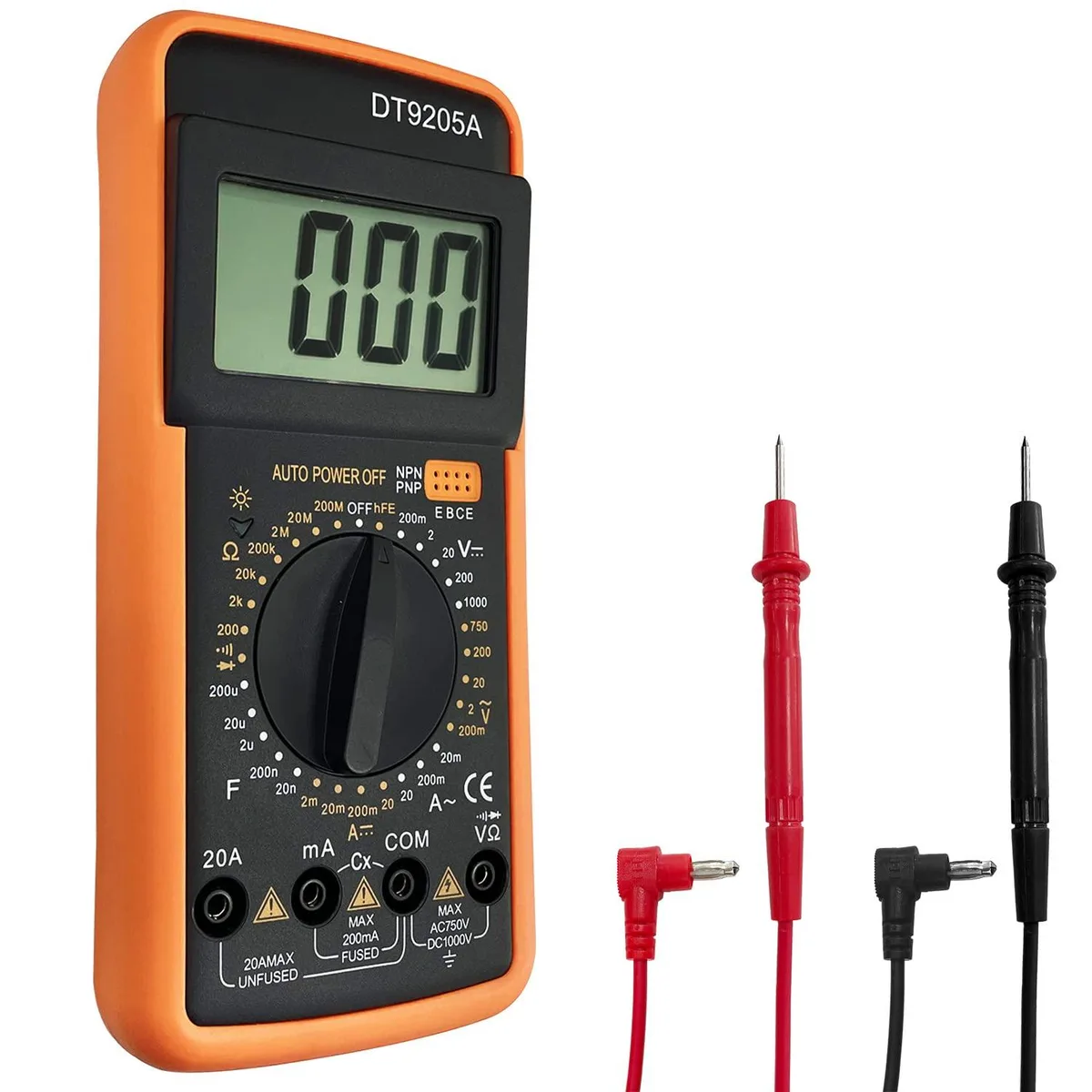 Yellow handheld digital multimeter with rubber protective case and LCD screen