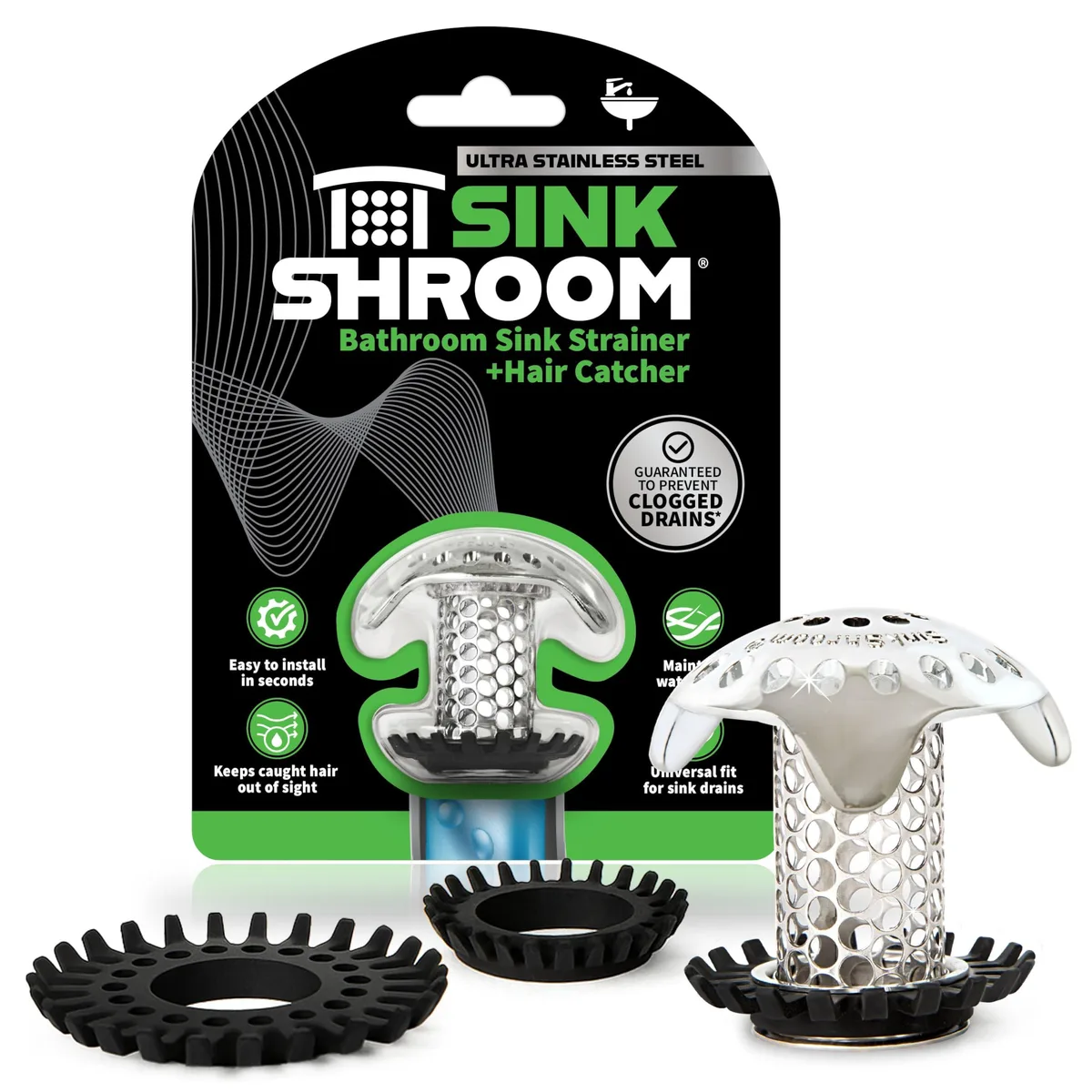 SinkShroom Ultra Stainless Steel Drain Protector with 1.25 1.5 1 Adapters — product photo